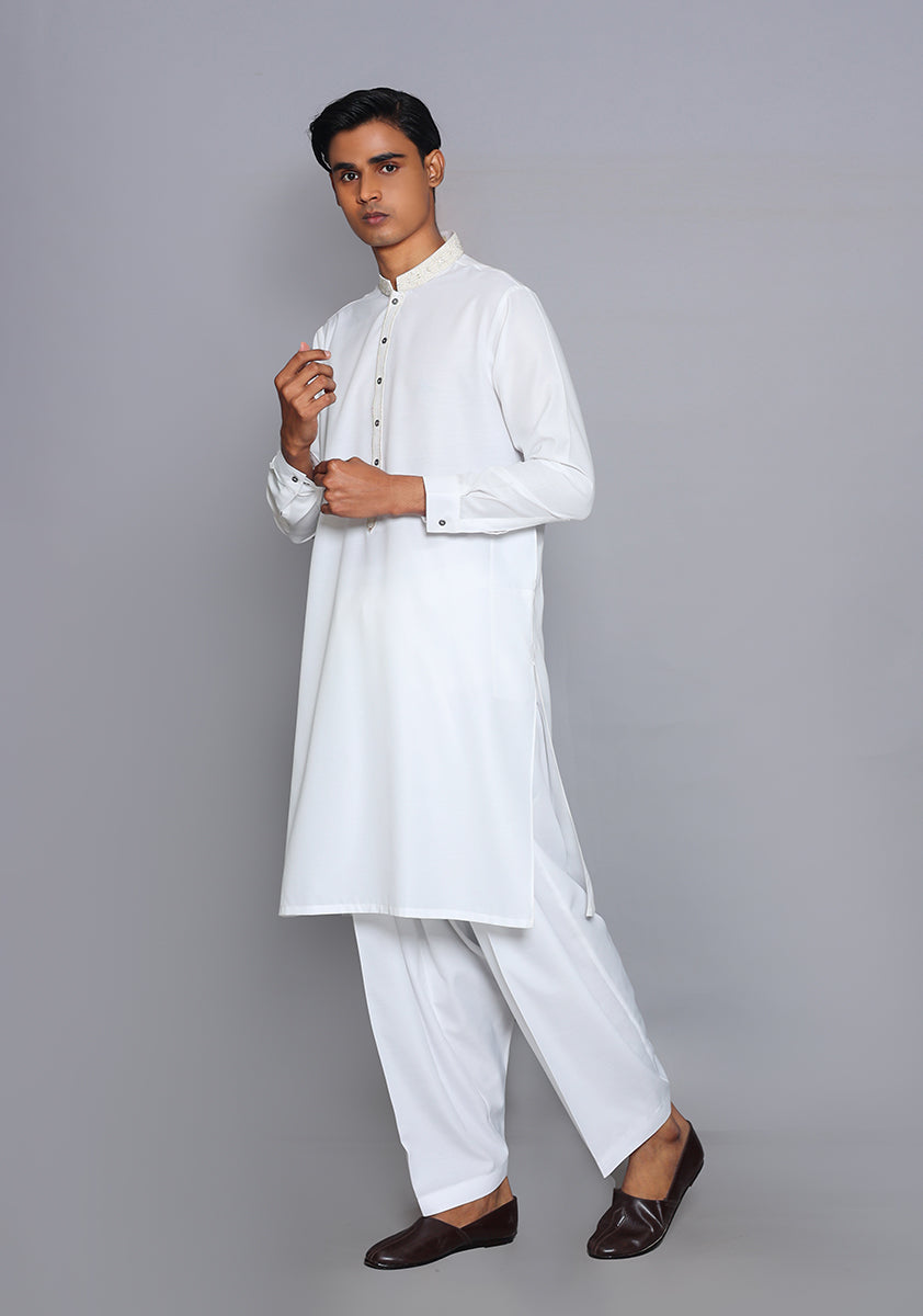 Pakistani Menswear | Amir Adnan - Basic Cotton Silk Cloud Dancer Classic Fit Embroidered Suit - Official Sakeena London Ltd. stockist in UK - Sakeena London