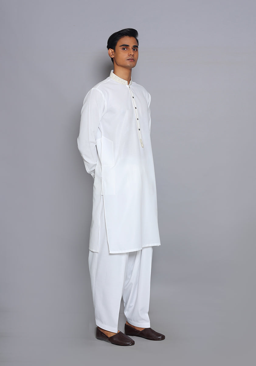 Pakistani Menswear | Amir Adnan - Basic Cotton Silk Cloud Dancer Classic Fit Embroidered Suit - Official Sakeena London Ltd. stockist in UK - Sakeena London