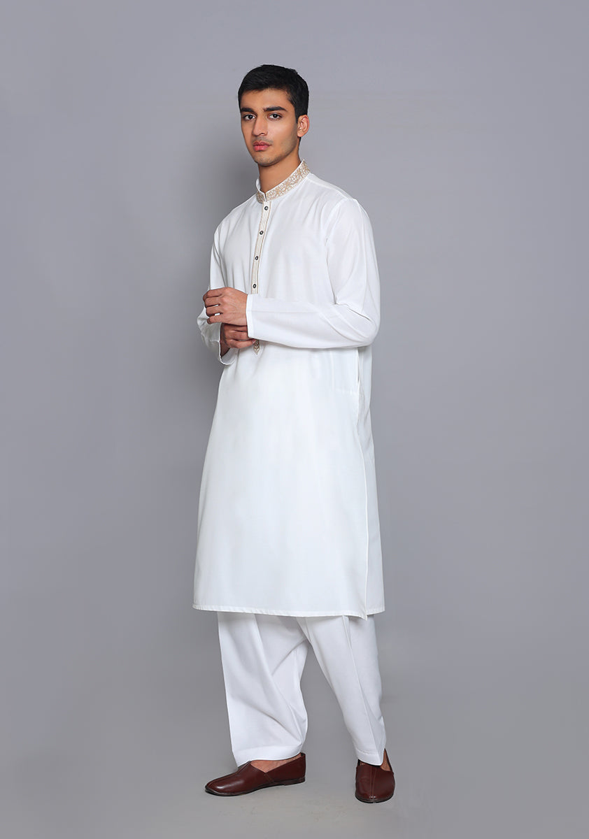 Pakistani Menswear | Amir Adnan - Basic Cotton Silk Cloud Dancer Classic Fit Embroidered Suit - Official Sakeena London Ltd. stockist in UK - Sakeena London