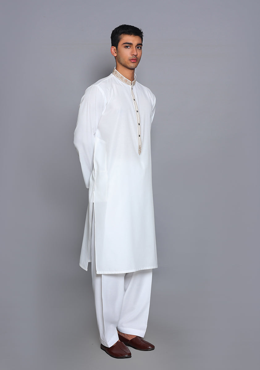 Pakistani Menswear | Amir Adnan - Basic Cotton Silk Cloud Dancer Classic Fit Embroidered Suit - Official Sakeena London Ltd. stockist in UK - Sakeena London