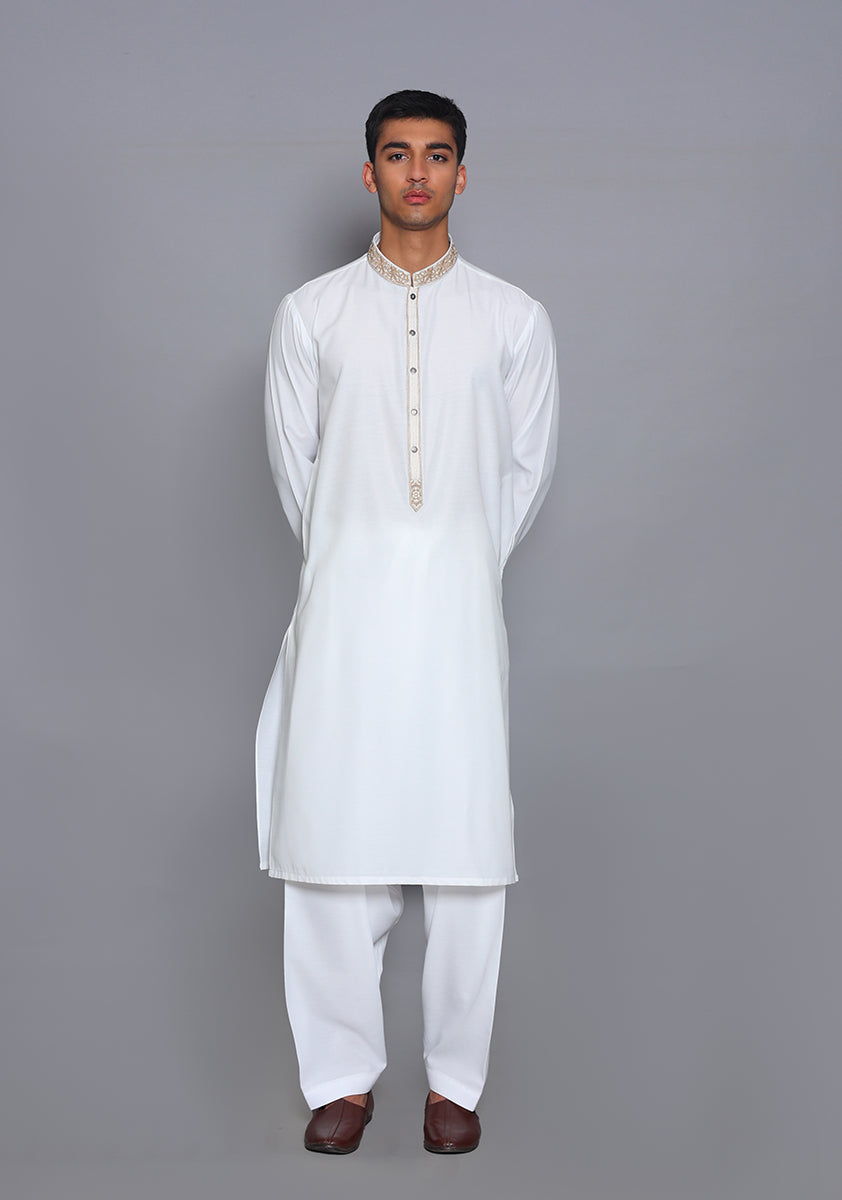 Pakistani Menswear | Amir Adnan - Basic Cotton Silk Cloud Dancer Classic Fit Embroidered Suit - Official Sakeena London Ltd. stockist in UK - Sakeena London