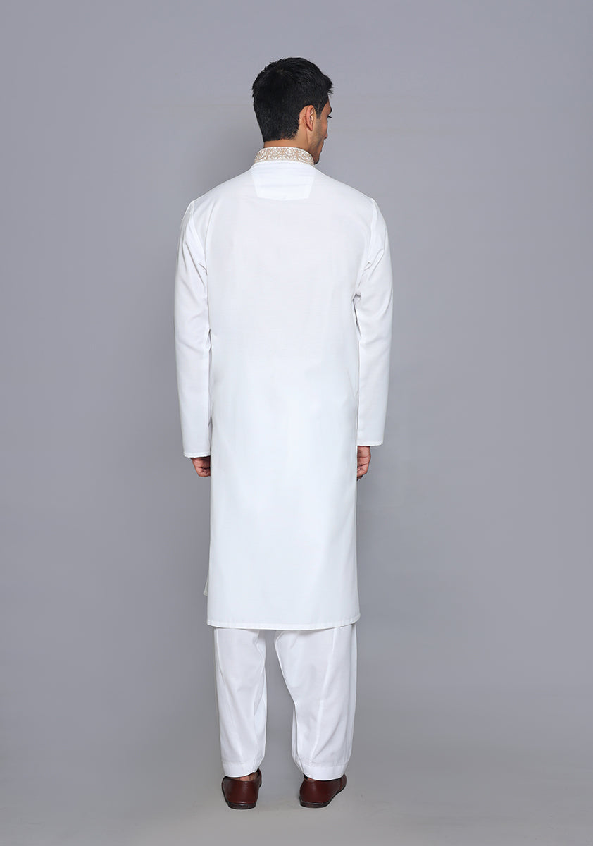 Pakistani Menswear | Amir Adnan - Basic Cotton Silk Cloud Dancer Classic Fit Embroidered Suit - Official Sakeena London Ltd. stockist in UK - Sakeena London