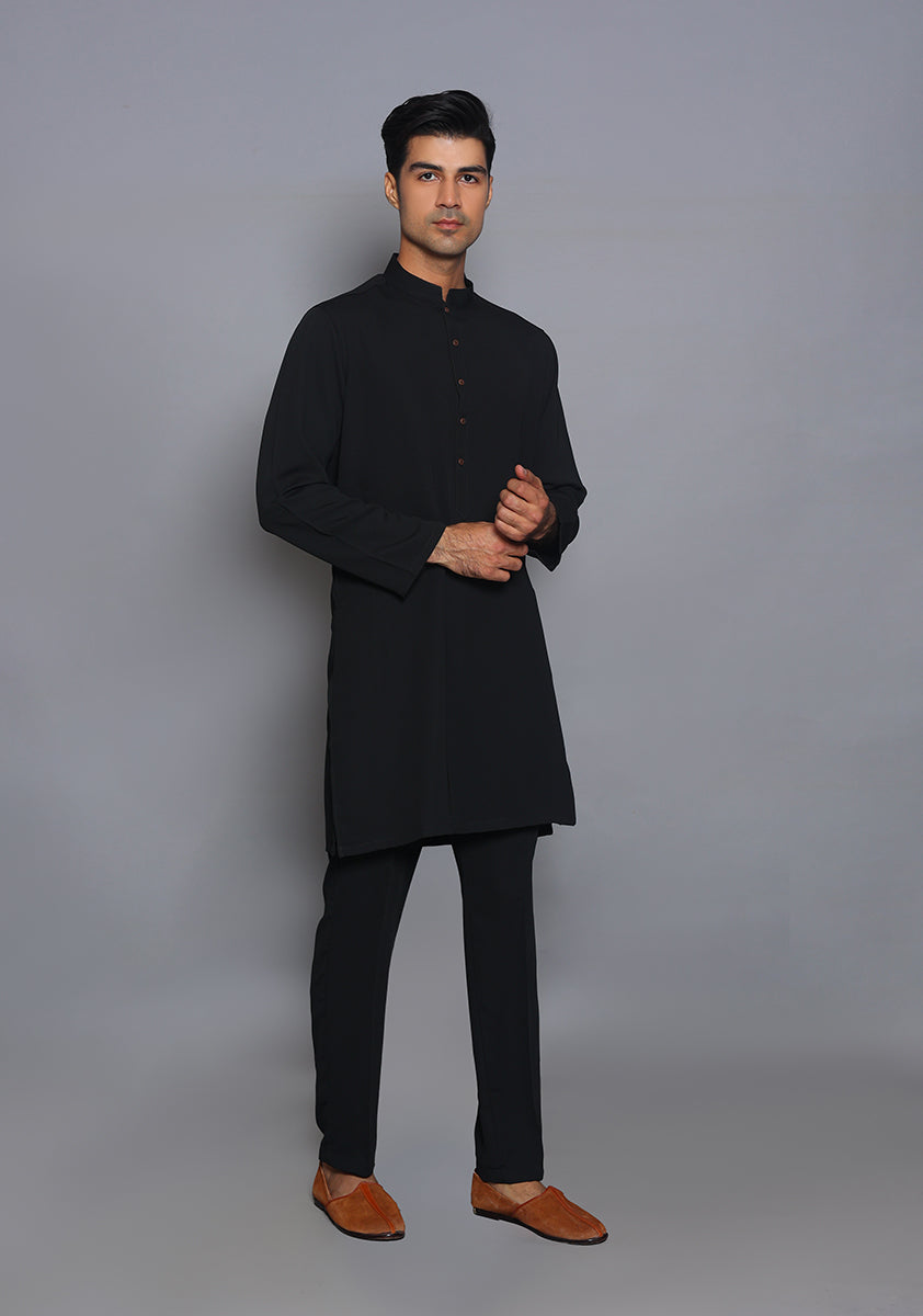 Pakistani Menswear | Amir Adnan - Classic Georgette Jet Black Slim Fit Plain Suit - Official Sakeena London Ltd. stockist in UK - Sakeena London
