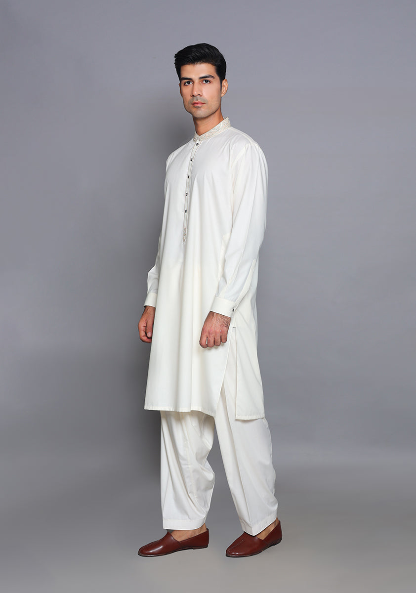 Pakistani Menswear | Amir Adnan - Basic Poly Viscose Snow White Classic Fit Embroidered Suit - Official Sakeena London Ltd. stockist in UK - Sakeena London