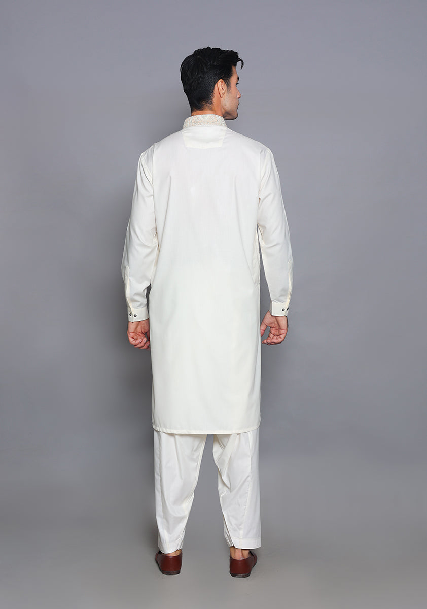 Pakistani Menswear | Amir Adnan - Basic Poly Viscose Snow White Classic Fit Embroidered Suit - Official Sakeena London Ltd. stockist in UK - Sakeena London