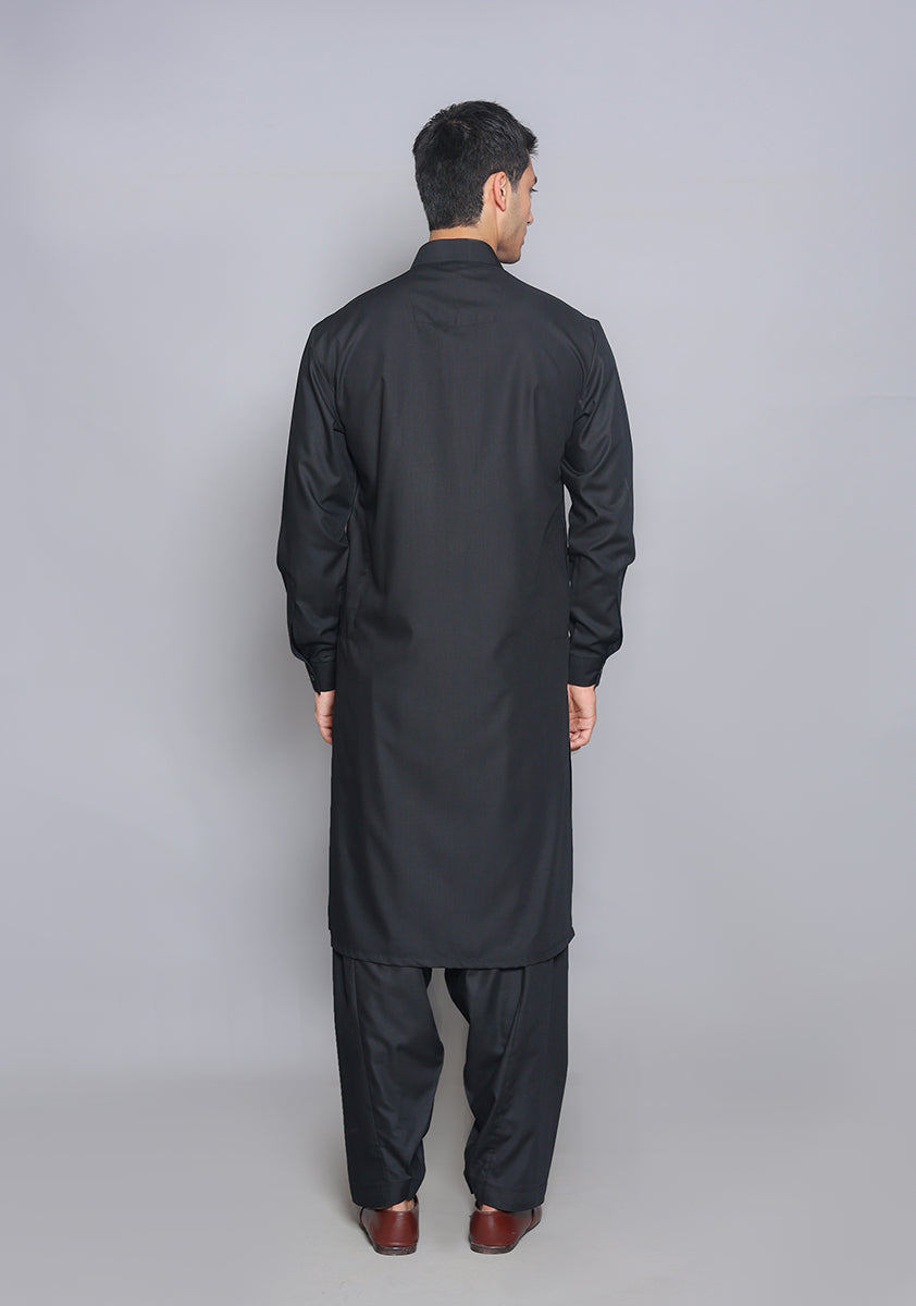 Pakistani Menswear | Amir Adnan - Basic Poly Viscose Pirat Black Slim Fit Plain Suit - Official Sakeena London Ltd. stockist in UK - Sakeena London