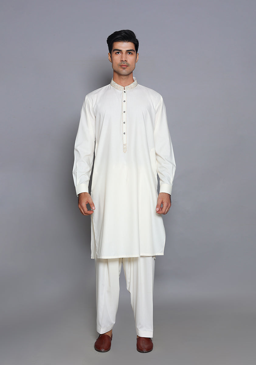 Pakistani Menswear | Amir Adnan - Basic Poly Viscose Snow White Classic Fit Embroidered Suit - Official Sakeena London Ltd. stockist in UK - Sakeena London