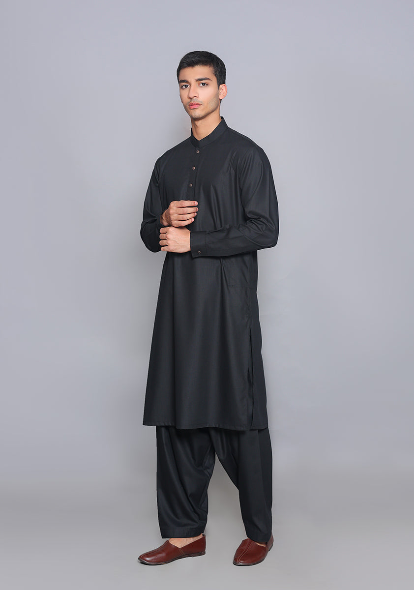 Pakistani Menswear | Amir Adnan - Basic Poly Viscose Pirat Black Slim Fit Plain Suit - Official Sakeena London Ltd. stockist in UK - Sakeena London