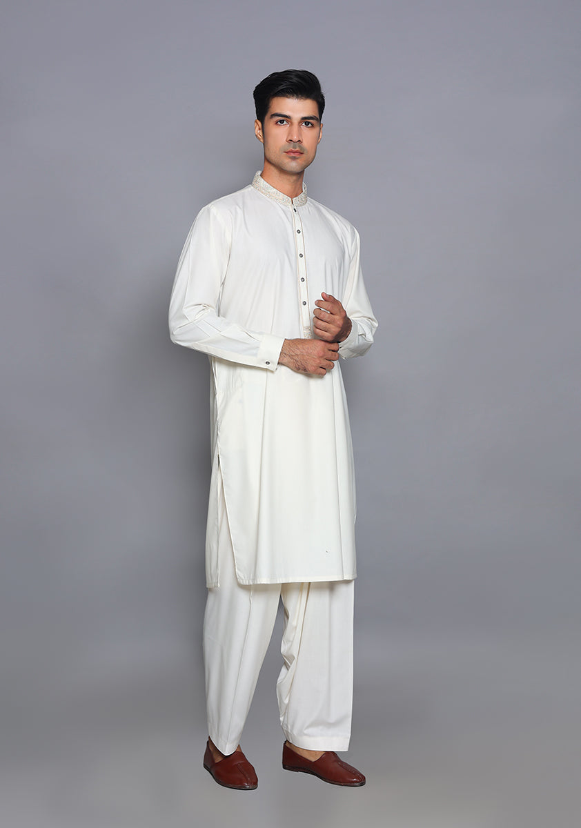 Pakistani Menswear | Amir Adnan - Basic Poly Viscose Snow White Classic Fit Embroidered Suit - Official Sakeena London Ltd. stockist in UK - Sakeena London