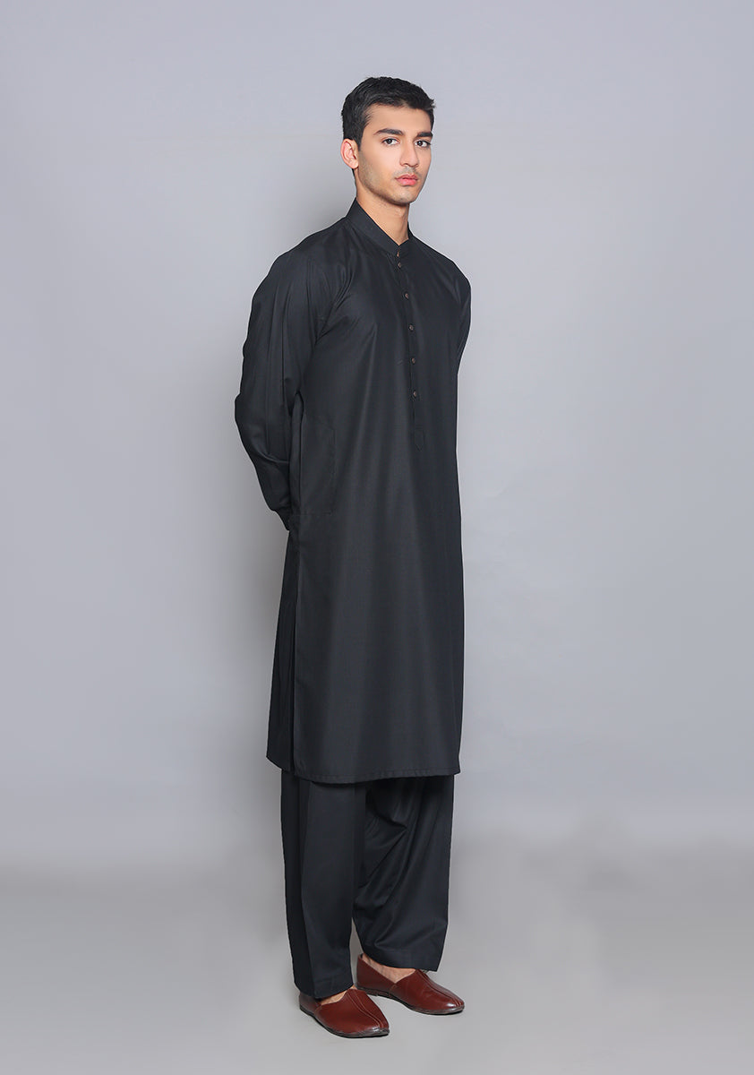 Pakistani Menswear | Amir Adnan - Basic Poly Viscose Pirat Black Slim Fit Plain Suit - Official Sakeena London Ltd. stockist in UK - Sakeena London