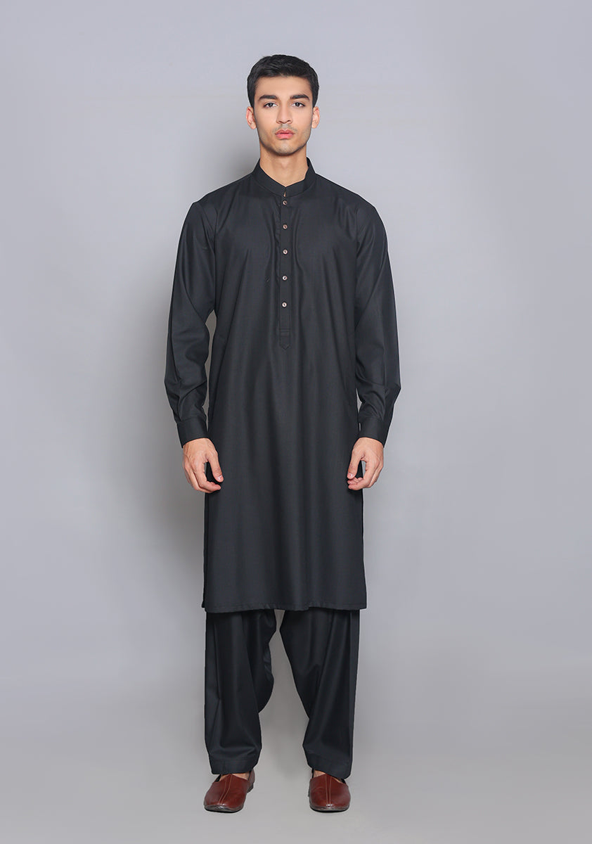 Pakistani Menswear | Amir Adnan - Basic Poly Viscose Pirat Black Slim Fit Plain Suit - Official Sakeena London Ltd. stockist in UK - Sakeena London