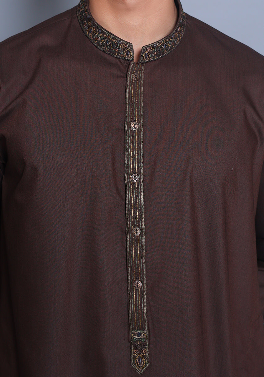 Pakistani Menswear | Amir Adnan - Basic Poly Viscose Wren Classic Fit Embroidered Suit - Official Sakeena London Ltd. stockist in UK - Sakeena London