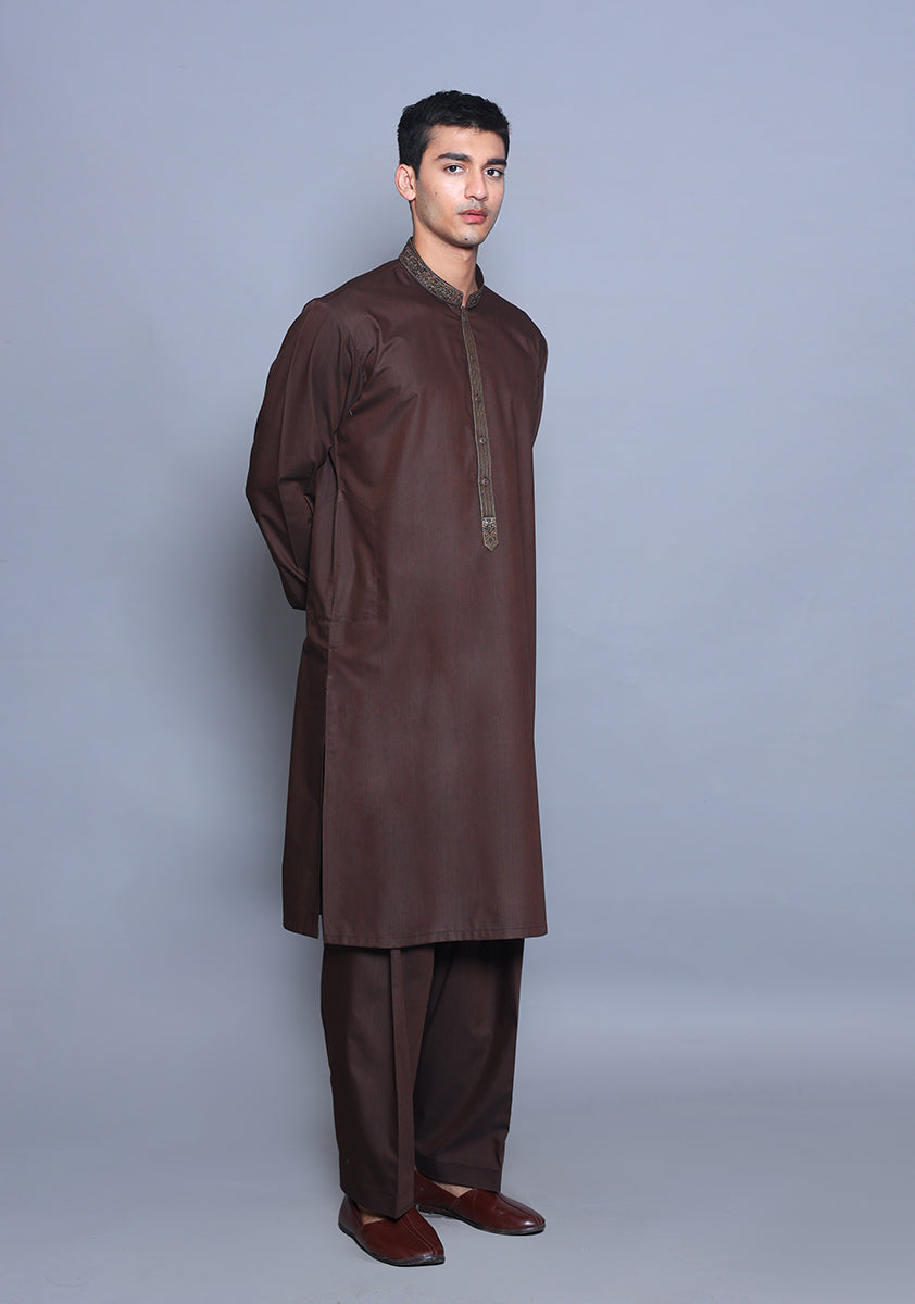 Pakistani Menswear | Amir Adnan - Basic Poly Viscose Wren Classic Fit Embroidered Suit - Official Sakeena London Ltd. stockist in UK - Sakeena London