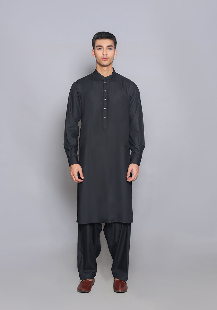 Pakistani Menswear | Amir Adnan - Basic Poly Viscose Pirat Black Classic Fit Suit - Official Sakeena London Ltd. stockist in UK - Sakeena London