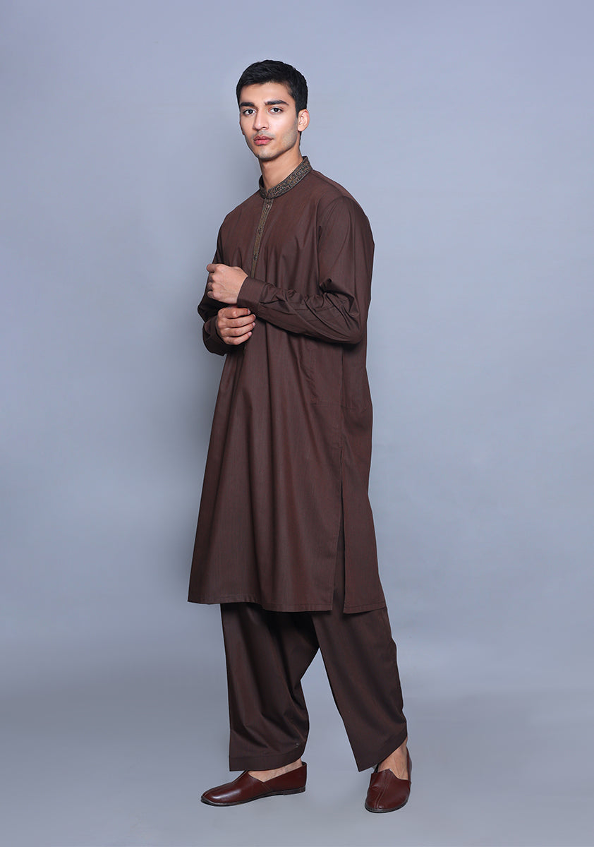 Pakistani Menswear | Amir Adnan - Basic Poly Viscose Wren Classic Fit Embroidered Suit - Official Sakeena London Ltd. stockist in UK - Sakeena London