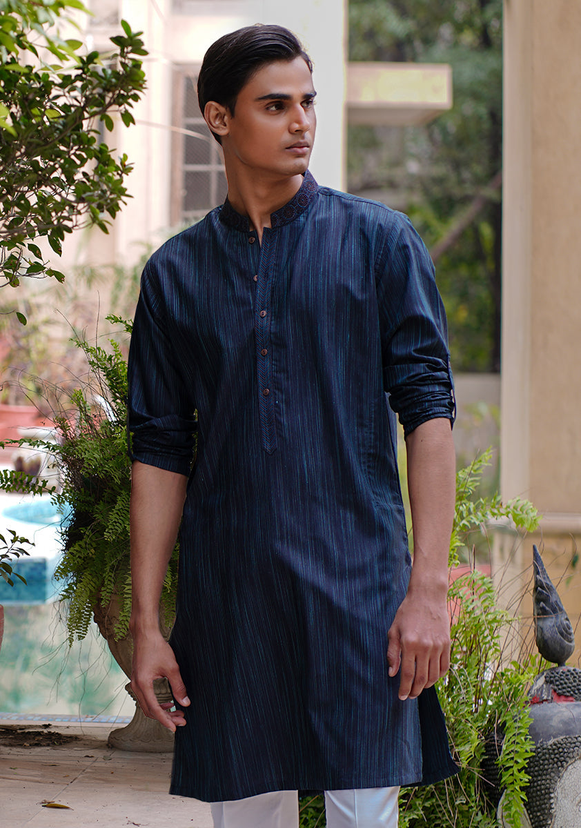 Pakistani Menswear | Amir Adnan - Basic Poly Viscose Deep Teal Slim Fit Kurta - Official Sakeena London Ltd. stockist in UK - Sakeena London