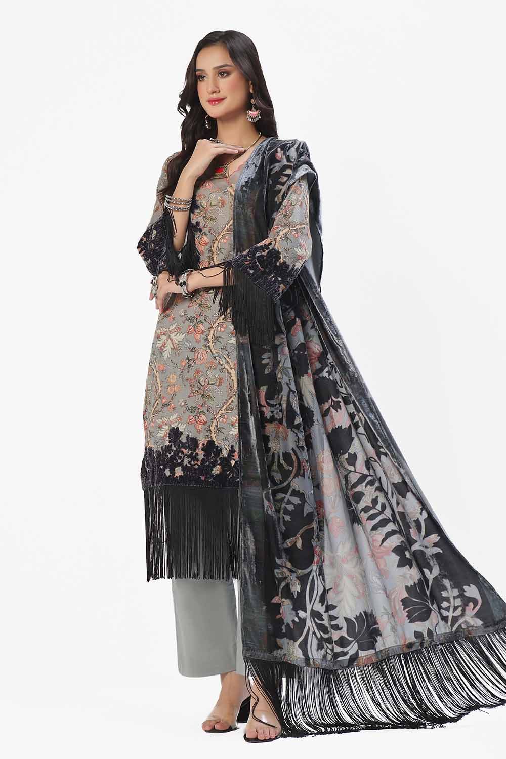 Gul Ahmed | Winter Collection 24 | Velvet Dupatta BVL-42008 - Official Gul Ahmed stockist in UK - Sakeena London