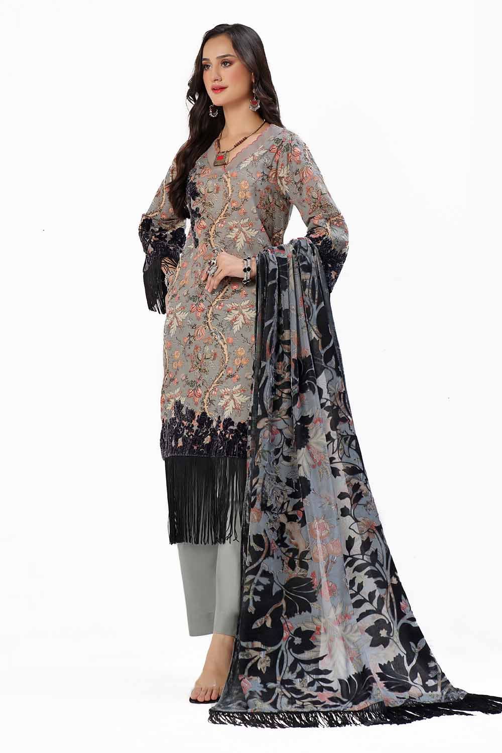 Gul Ahmed | Winter Collection 24 | Velvet Dupatta BVL-42008 - Official Gul Ahmed stockist in UK - Sakeena London