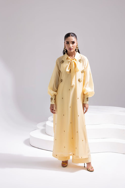 Amani | Aira Festive Wear | ALARA- Hand Embellished Butter Silk Shirt with Wide-Leg Trousers - Official Amani stockist in UK - Sakeena London