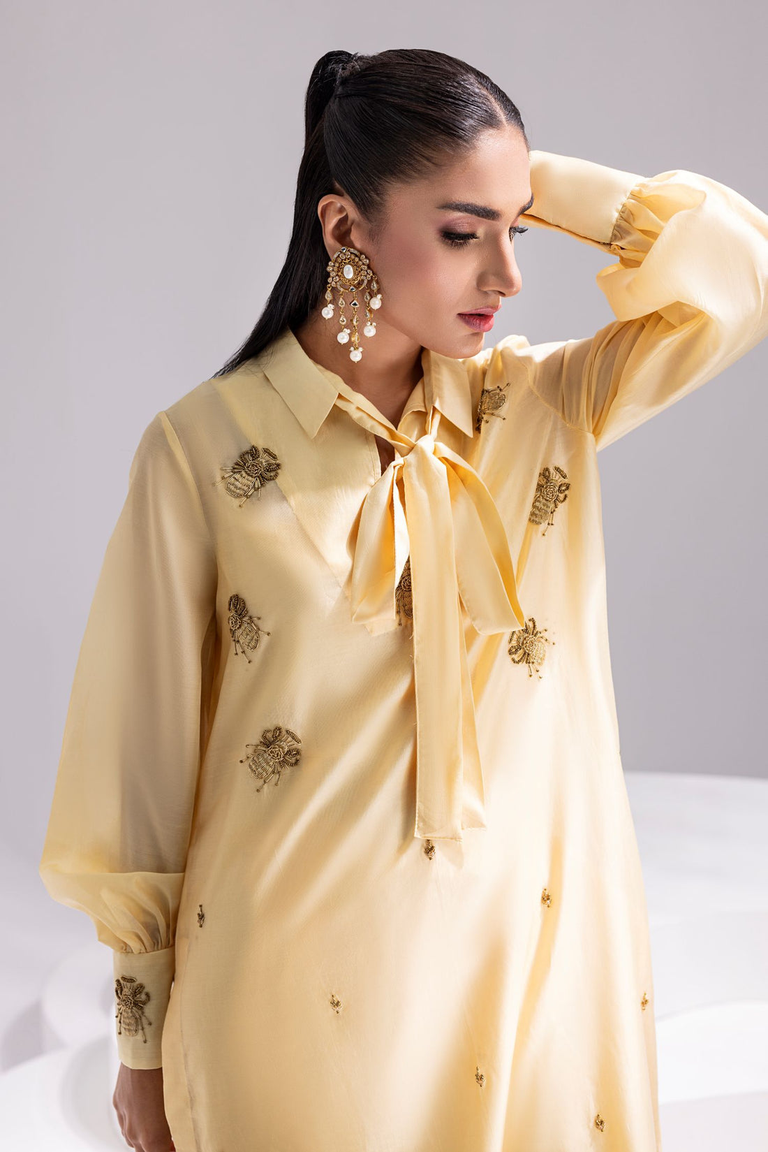 Amani | Aira Festive Wear | ALARA- Hand Embellished Butter Silk Shirt with Wide-Leg Trousers - Official Amani stockist in UK - Sakeena London