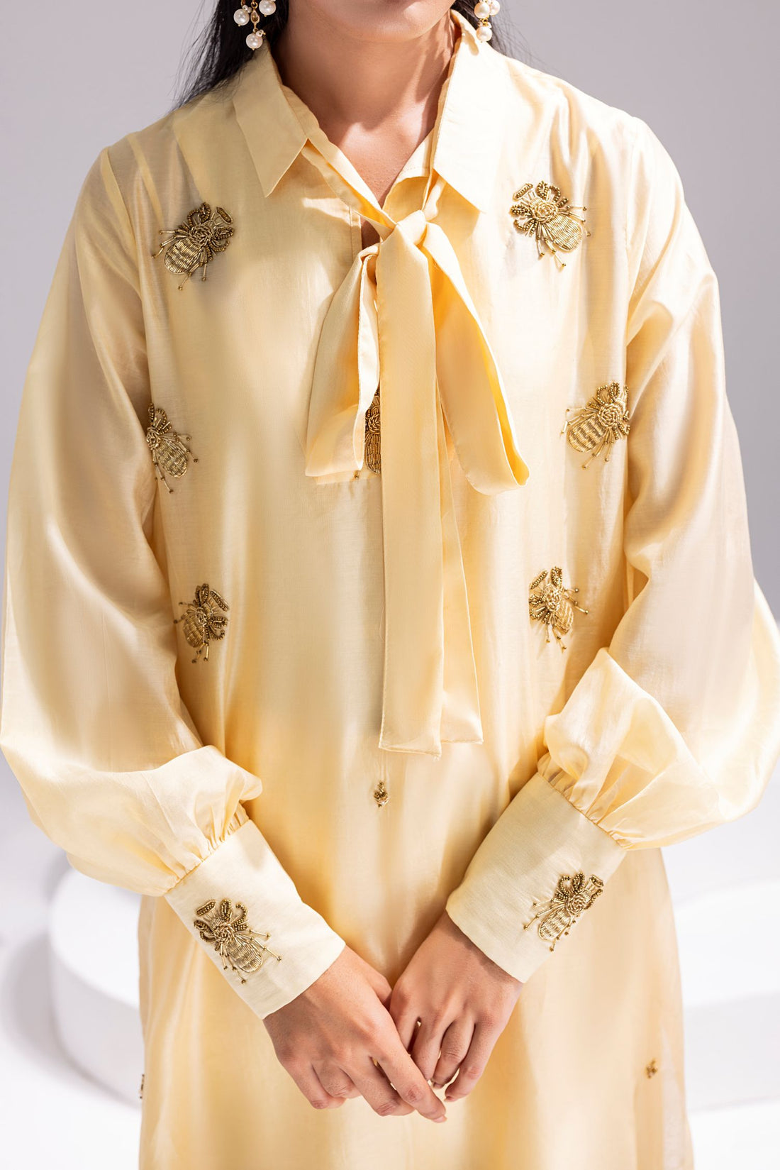 Amani | Aira Festive Wear | ALARA- Hand Embellished Butter Silk Shirt with Wide-Leg Trousers - Official Amani stockist in UK - Sakeena London