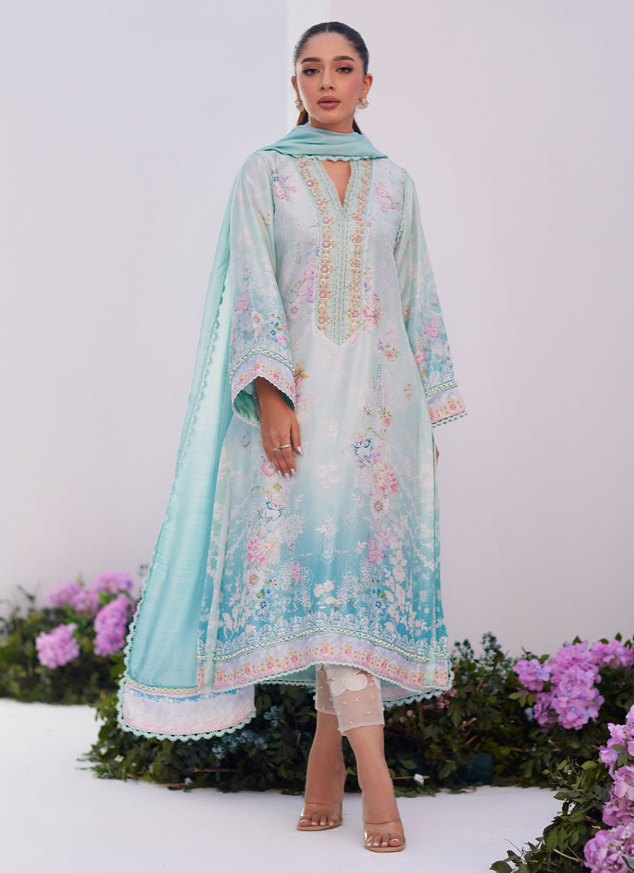 Farah Talib Aziz | Zaza Prints 24 | CYAN OMBRE SHIRT AND DUPATTA - Official Farah Talib Aziz stockist in UK - Sakeena London