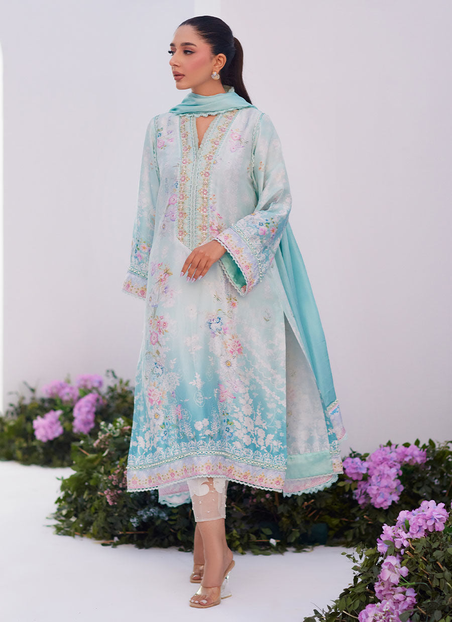 Farah Talib Aziz | Zaza Prints 24 | CYAN OMBRE SHIRT AND DUPATTA - Official Farah Talib Aziz stockist in UK - Sakeena London