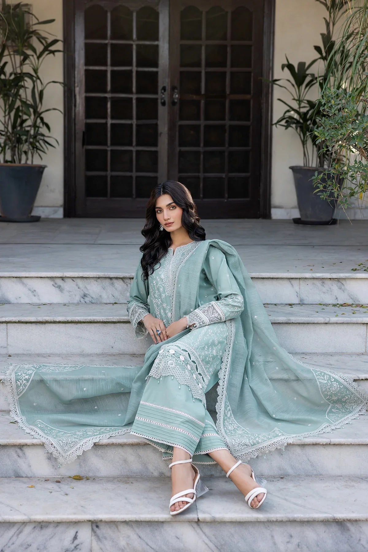 Farasha | Bahaar Embroidered Lawn | Aqua Pearl - Official Farasha stockist in UK - Sakeena London