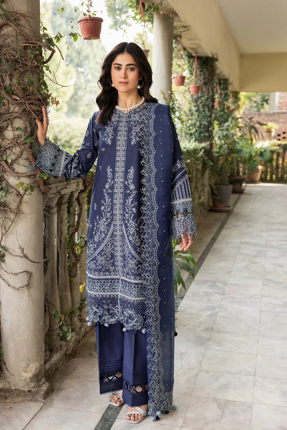 Farasha | Bahaar Embroidered Lawn | Blue Ochre - Official Farasha stockist in UK - Sakeena London