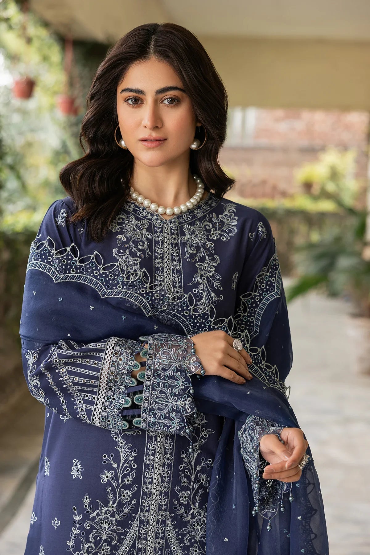 Farasha | Bahaar Embroidered Lawn | Blue Ochre - Official Farasha stockist in UK - Sakeena London
