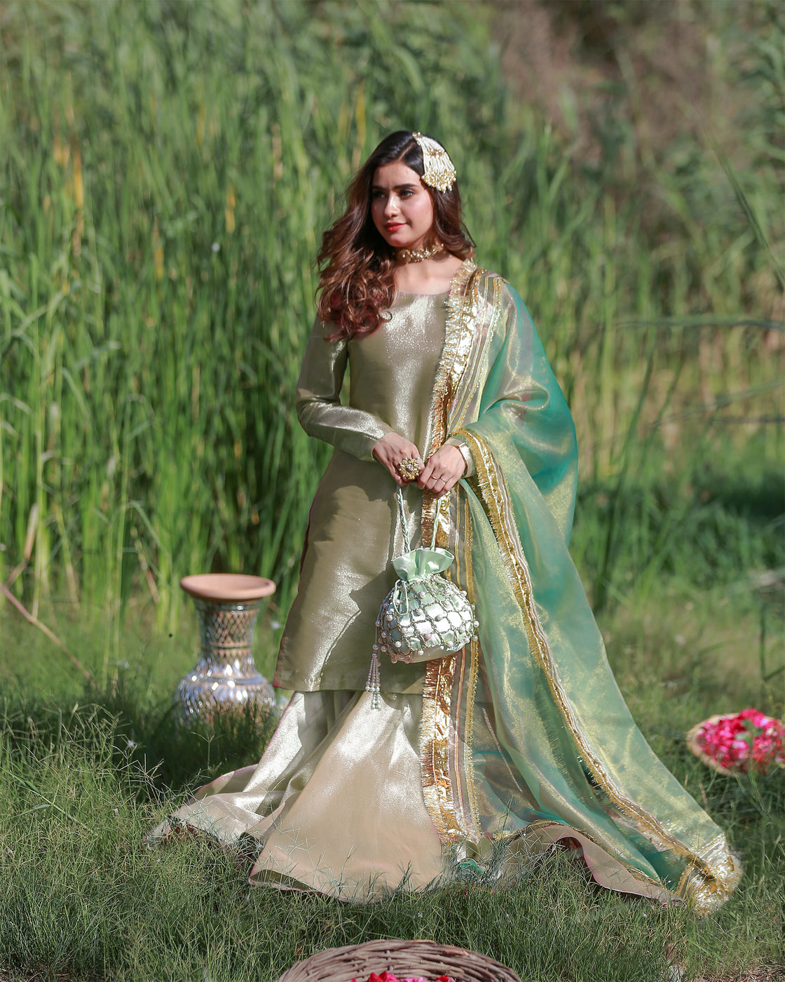 Zar | Gharara Formals | Gold/Green - Official Zar stockist in UK - Sakeena London