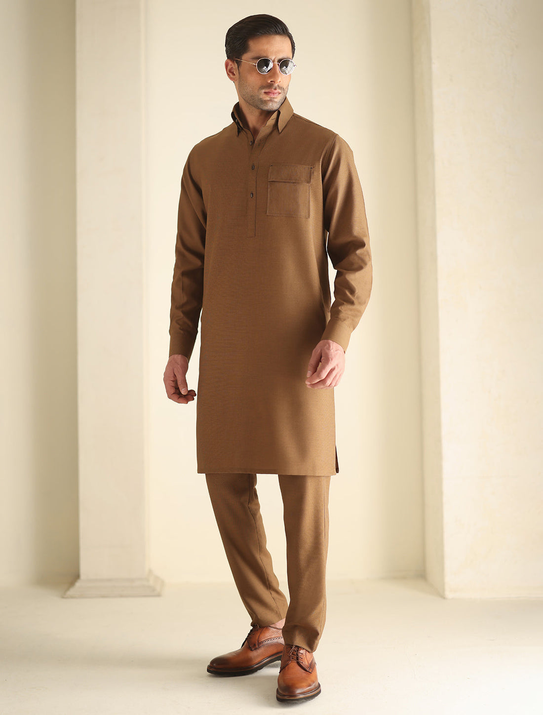 Pakistani Menswear | Ismail Farid - TAN KURTA PAJAMA - Official Sakeena London Ltd. stockist in UK - Sakeena London