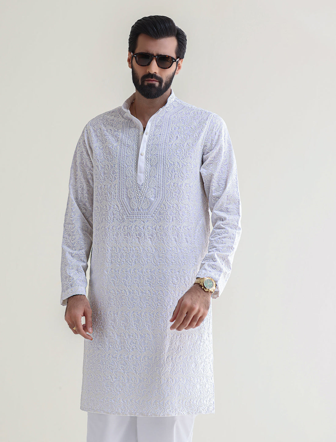 Pakistani Menswear | Ismail Farid - WHITE HEAVY EMBROIDERED KURTA - Official Sakeena London Ltd. stockist in UK - Sakeena London