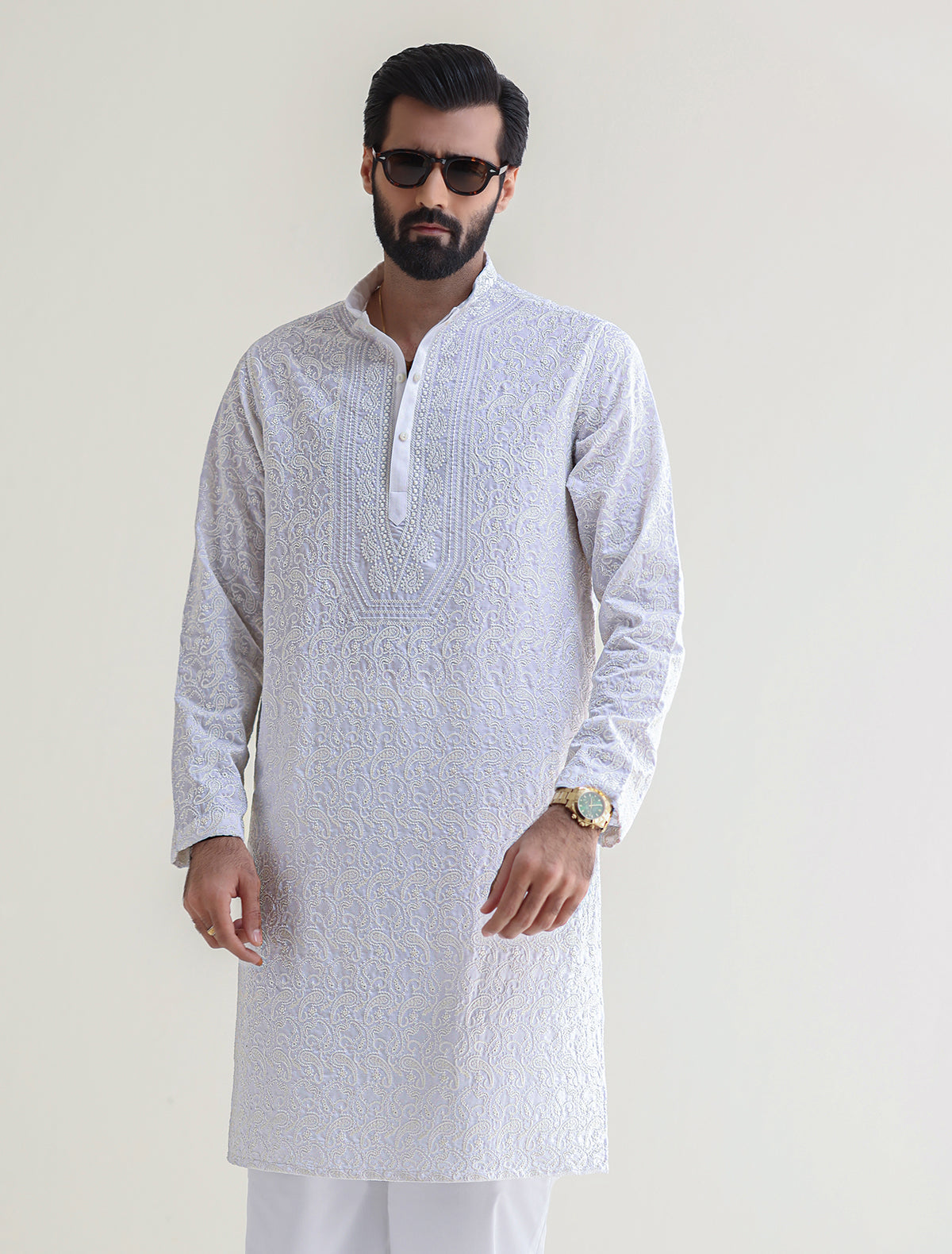 Pakistani Menswear | Ismail Farid - WHITE HEAVY EMBROIDERED KURTA - Official Sakeena London Ltd. stockist in UK - Sakeena London