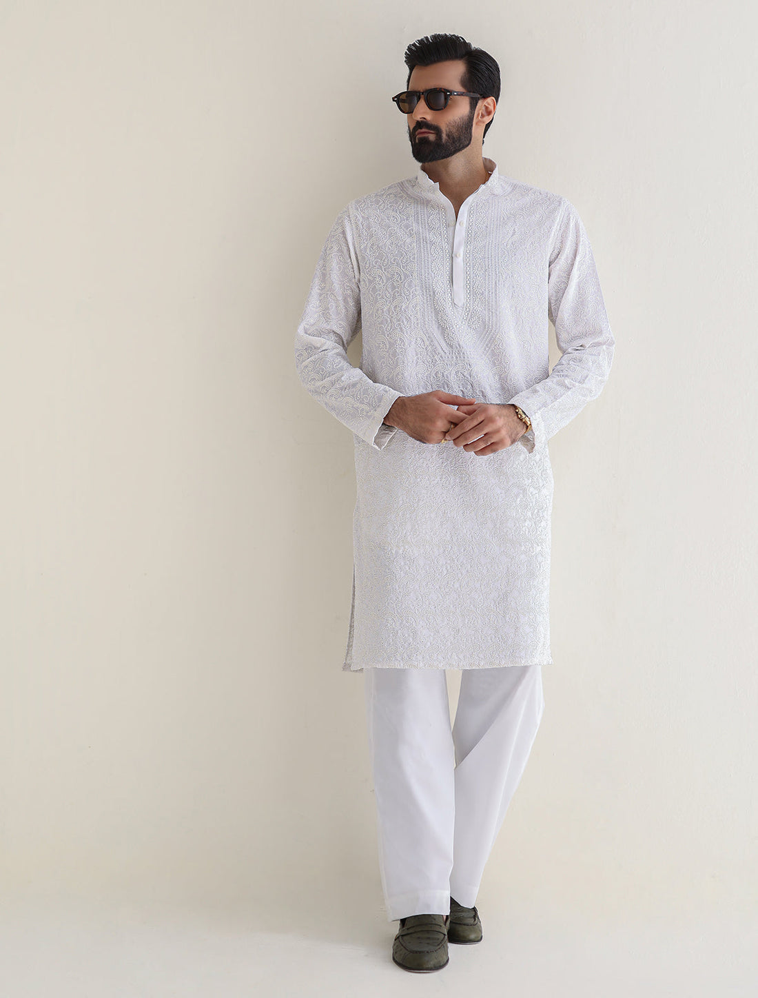 Pakistani Menswear | Ismail Farid - WHITE HEAVY EMBROIDERED KURTA - Official Sakeena London Ltd. stockist in UK - Sakeena London