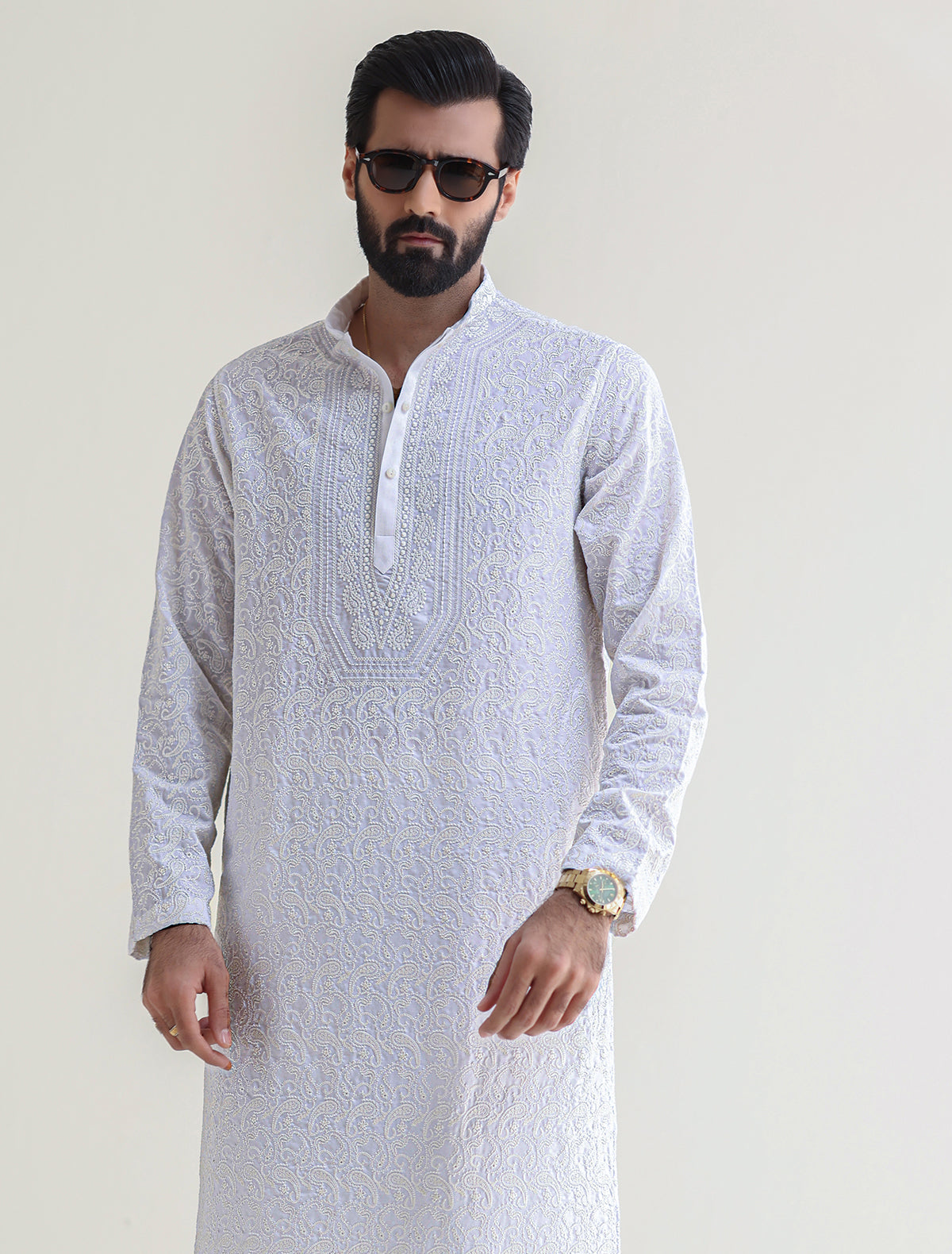Pakistani Menswear | Ismail Farid - WHITE HEAVY EMBROIDERED KURTA - Official Sakeena London Ltd. stockist in UK - Sakeena London