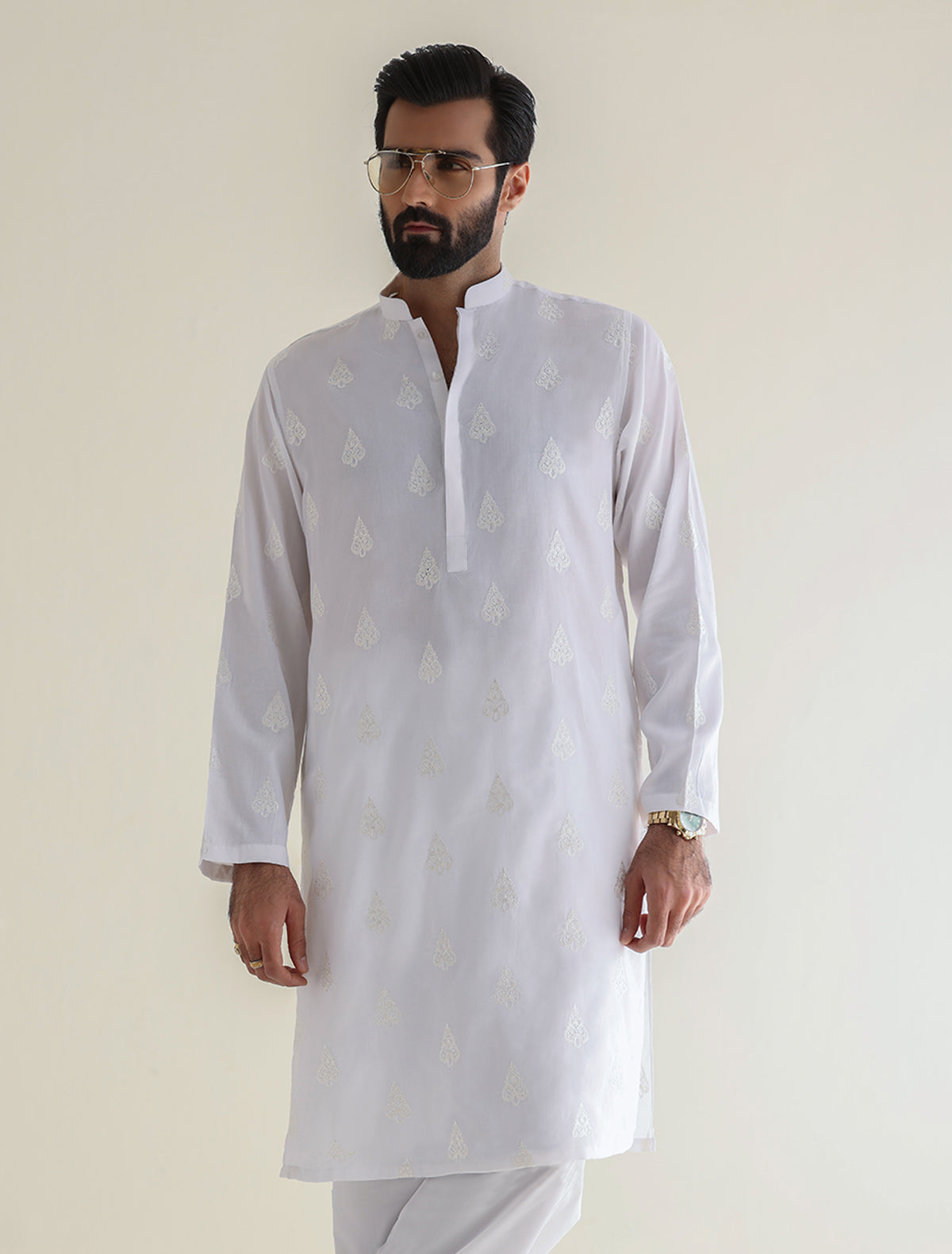 Pakistani Menswear | Ismail Farid - WHITE EMBROIDERED KURTA - Official Sakeena London Ltd. stockist in UK - Sakeena London