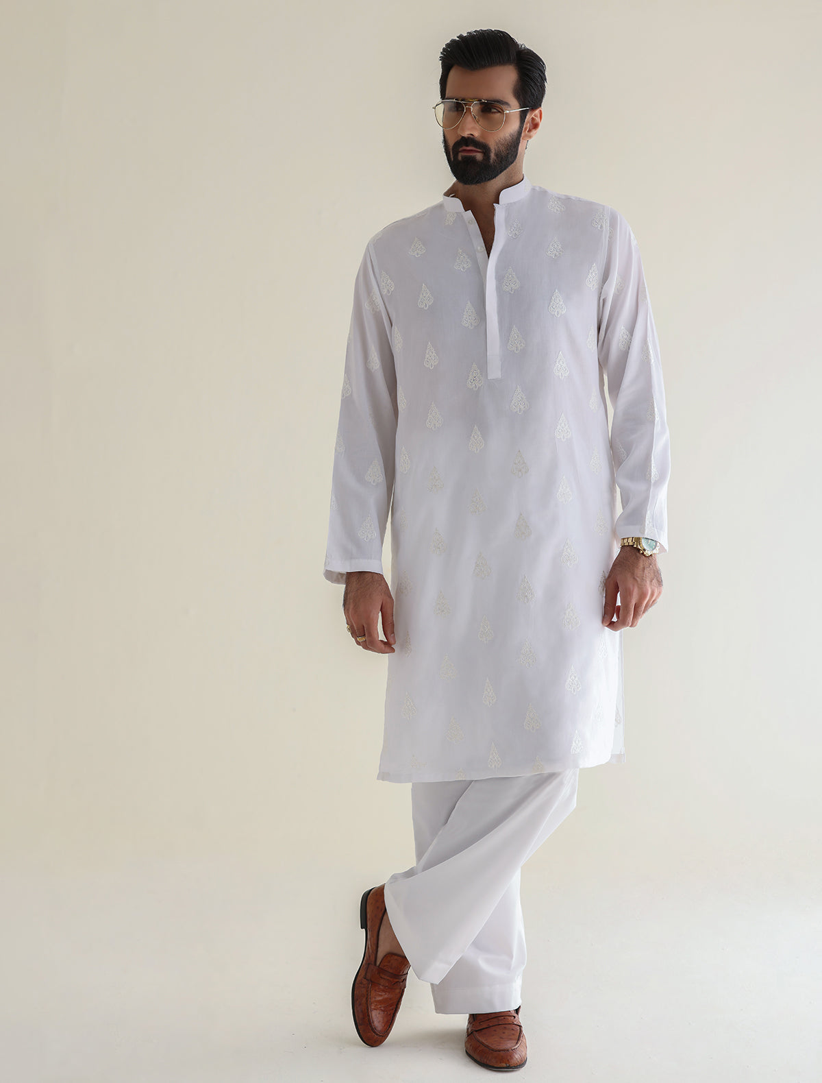 Pakistani Menswear | Ismail Farid - WHITE EMBROIDERED KURTA - Official Sakeena London Ltd. stockist in UK - Sakeena London