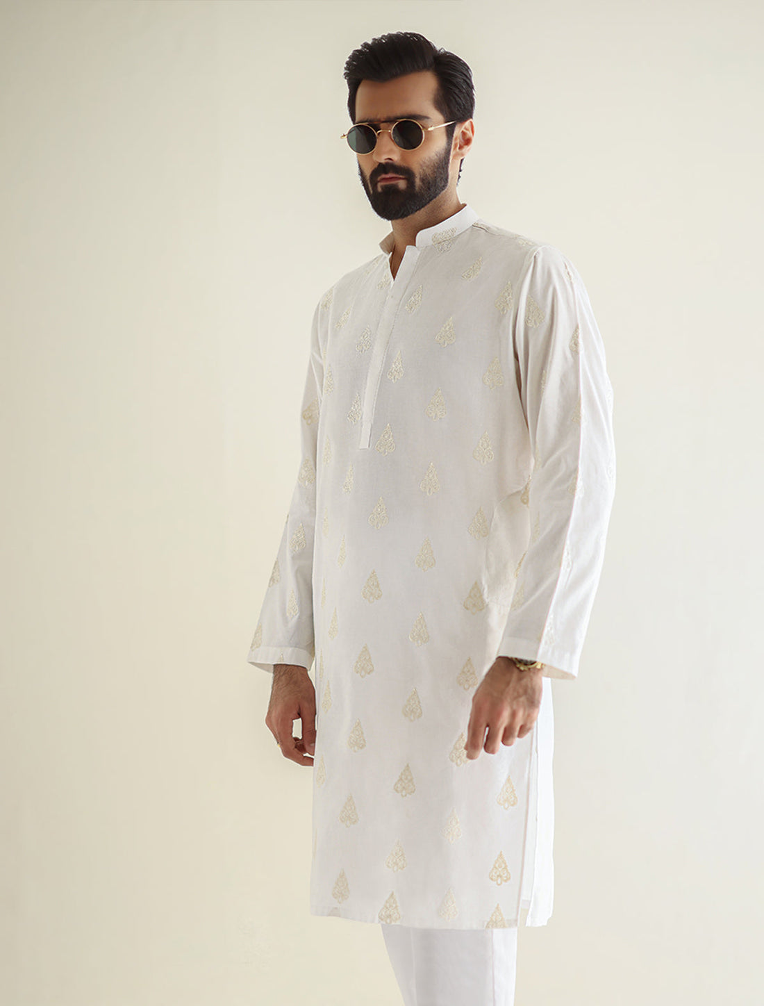 Pakistani Menswear | Ismail Farid - OFF-WHITE EMBROIDERED KURTA - Official Sakeena London Ltd. stockist in UK - Sakeena London