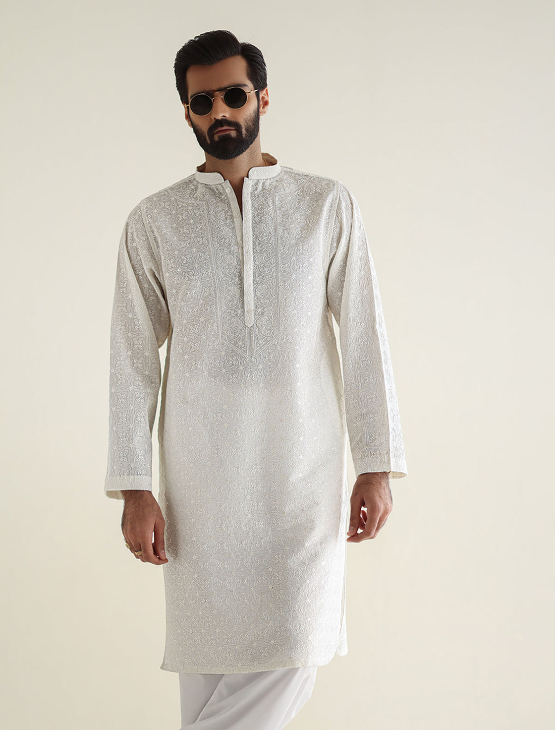 Pakistani Menswear | Ismail Farid - OFF-WHITE HEAVY EMBROIDERED KURTA - Official Sakeena London Ltd. stockist in UK - Sakeena London