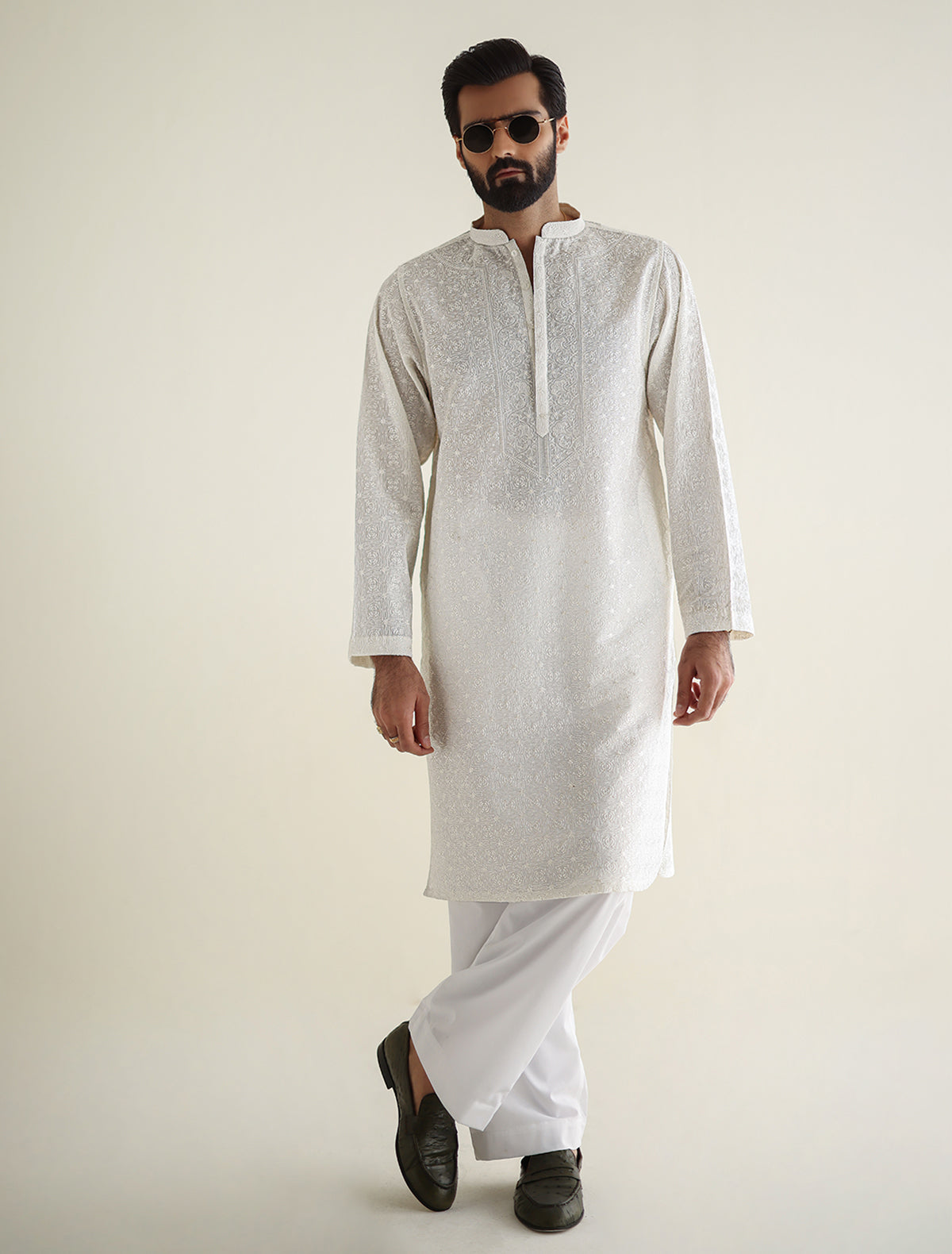 Pakistani Menswear | Ismail Farid - OFF-WHITE HEAVY EMBROIDERED KURTA - Official Sakeena London Ltd. stockist in UK - Sakeena London