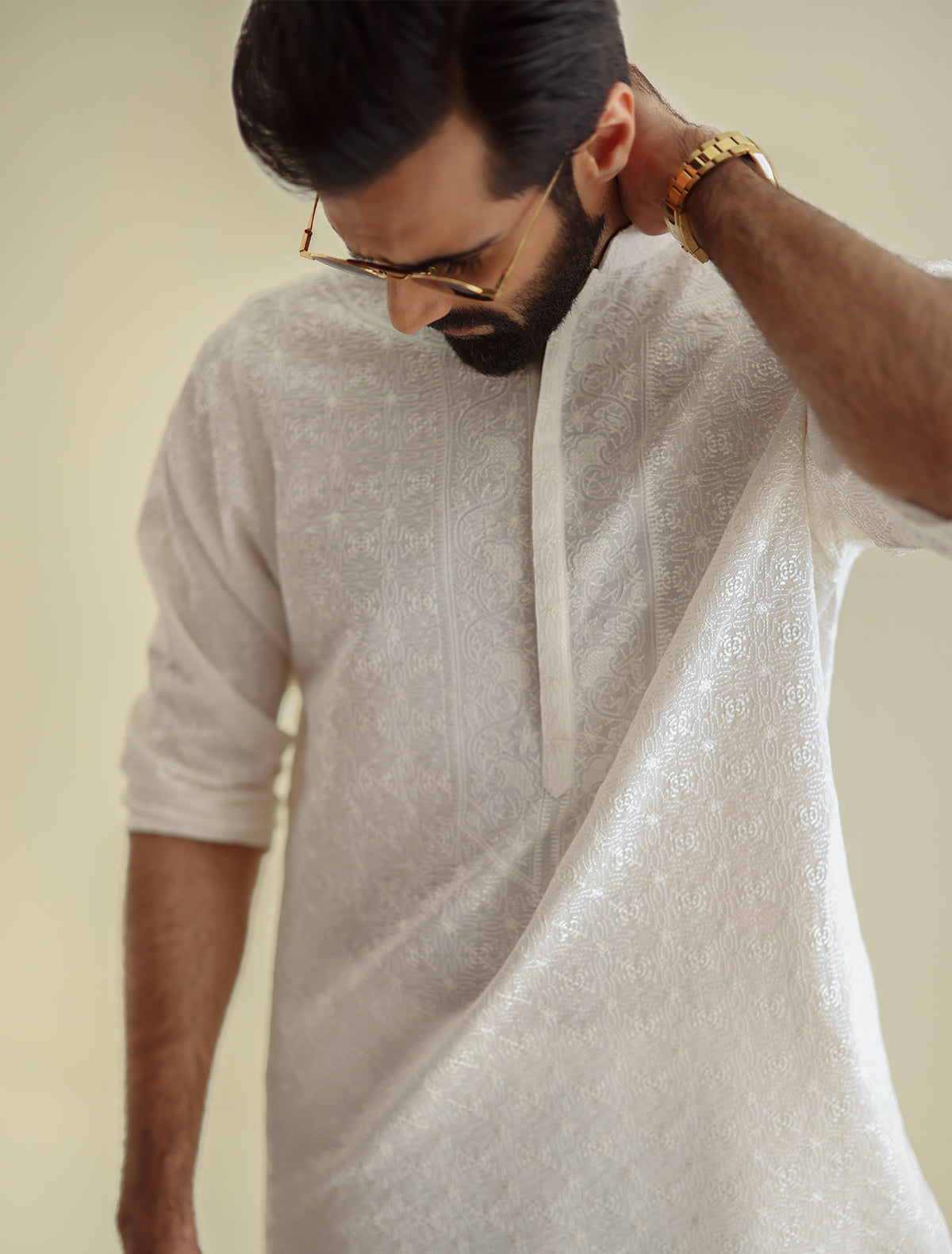 Pakistani Menswear | Ismail Farid - OFF-WHITE HEAVY EMBROIDERED KURTA - Official Sakeena London Ltd. stockist in UK - Sakeena London