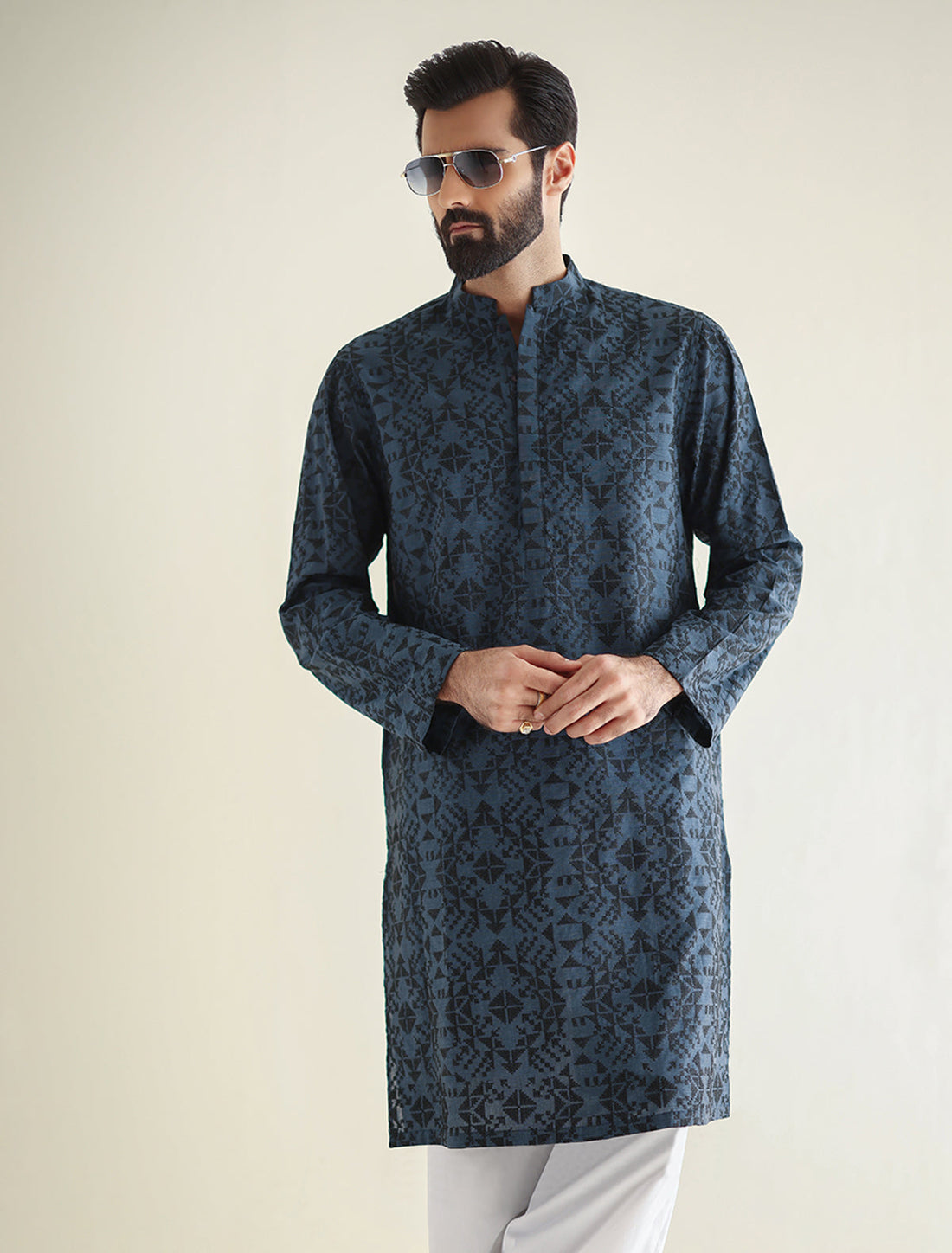 Pakistani Menswear | Ismail Farid - BLUE EMBROIDERED KURTA - Official Sakeena London Ltd. stockist in UK - Sakeena London