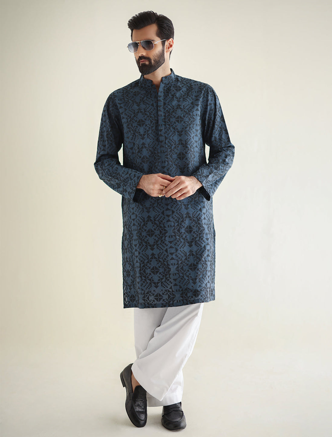 Pakistani Menswear | Ismail Farid - BLUE EMBROIDERED KURTA - Official Sakeena London Ltd. stockist in UK - Sakeena London