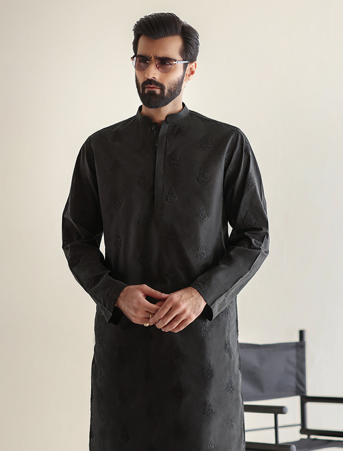 Pakistani Menswear | Ismail Farid - BLACK EMBROIDERED KURTA - Official Sakeena London Ltd. stockist in UK - Sakeena London