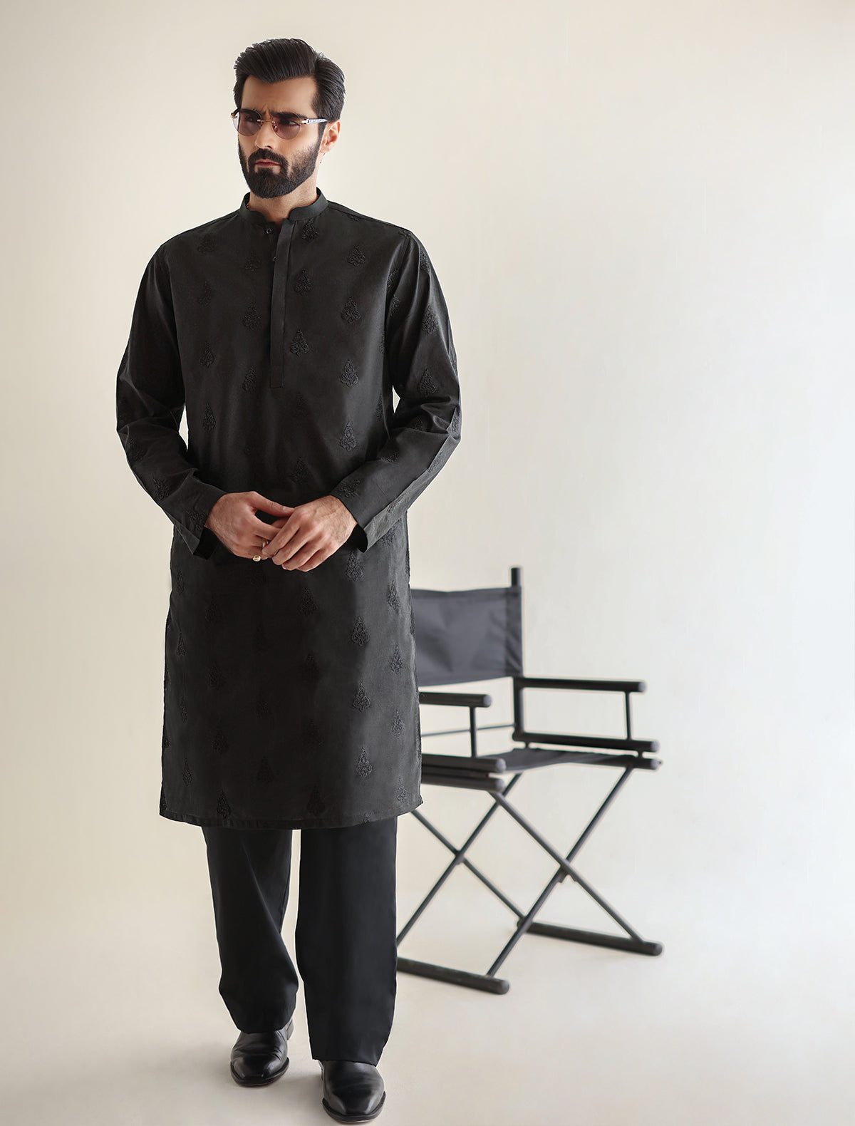 Pakistani Menswear | Ismail Farid - BLACK EMBROIDERED KURTA - Official Sakeena London Ltd. stockist in UK - Sakeena London