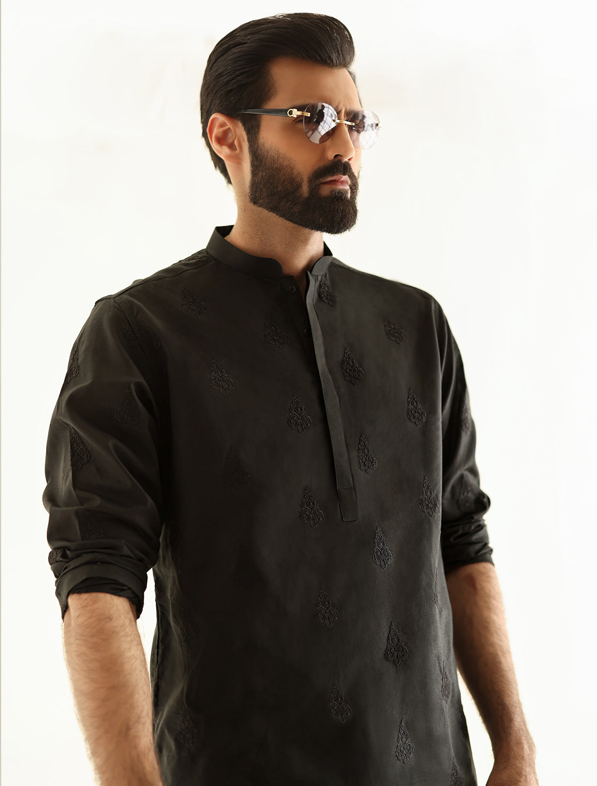 Pakistani Menswear | Ismail Farid - BLACK EMBROIDERED KURTA - Official Sakeena London Ltd. stockist in UK - Sakeena London