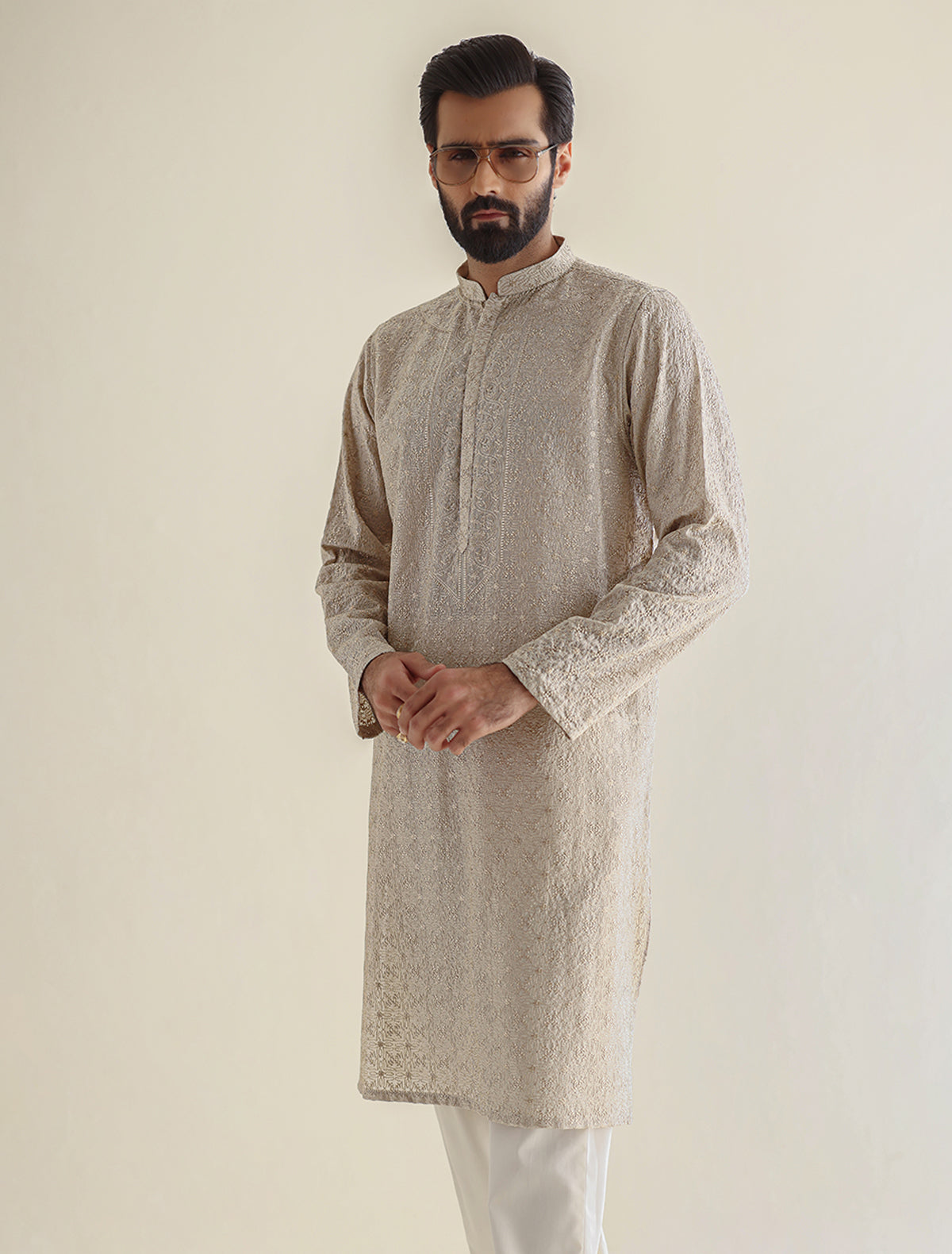 Pakistani Menswear | Ismail Farid - BEIGE HEAVY EMBROIDERED KURTA - Official Sakeena London Ltd. stockist in UK - Sakeena London