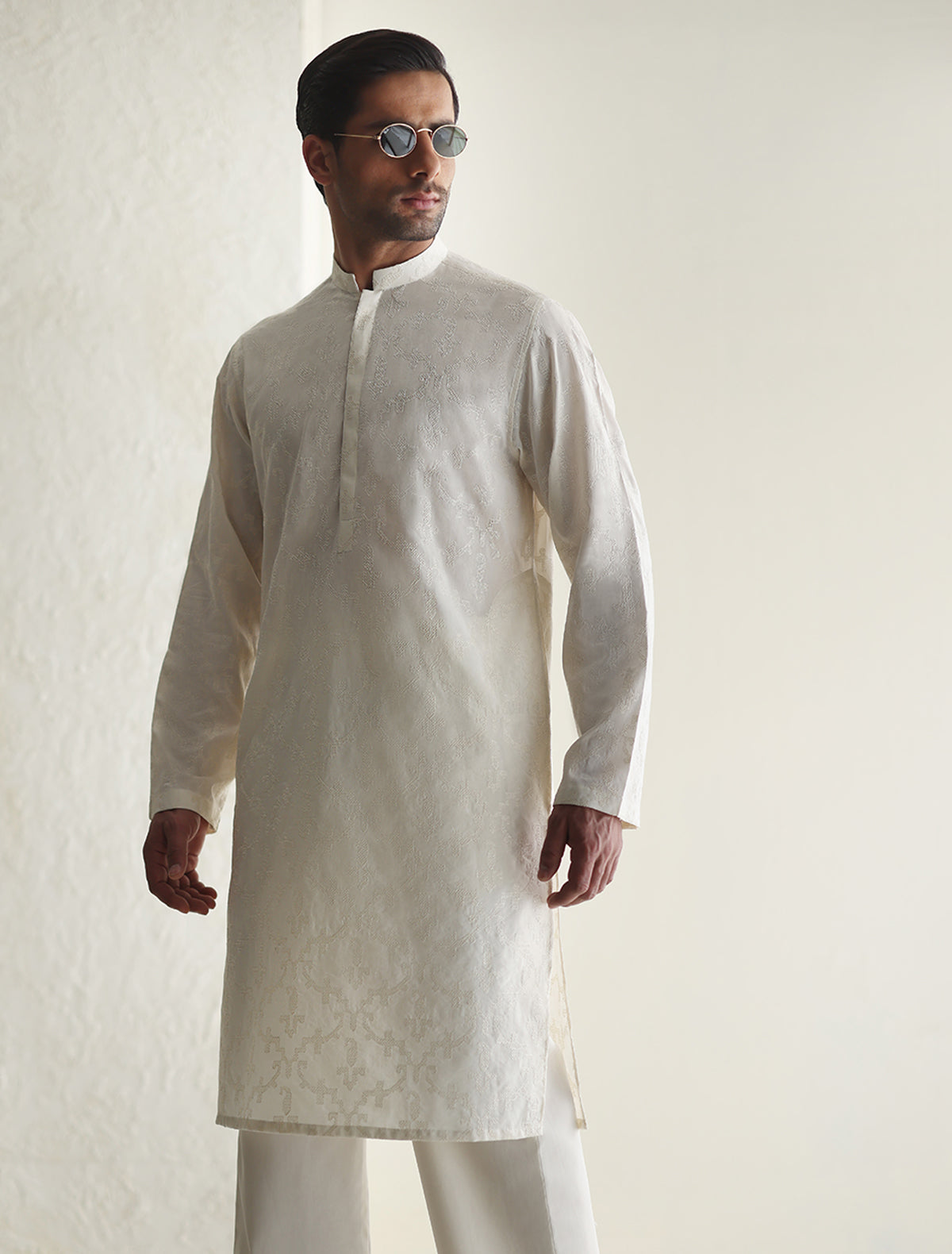 Pakistani Menswear | Ismail Farid - OFF-WHITE EMBROIDERED KURTA - Official Sakeena London Ltd. stockist in UK - Sakeena London