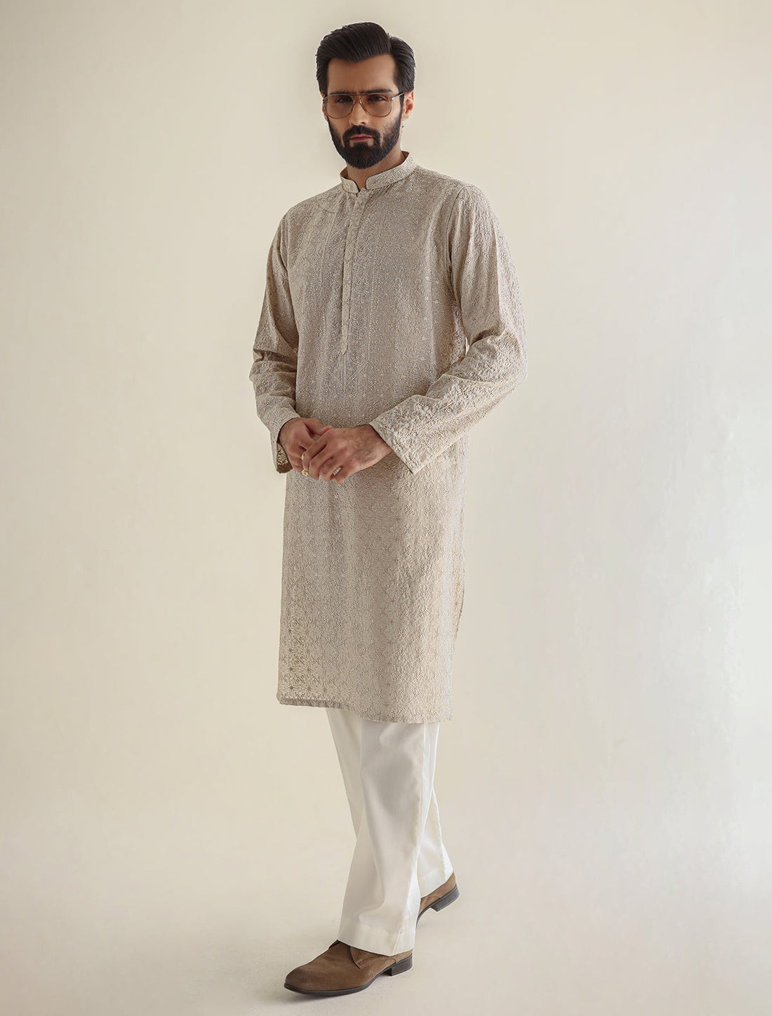 Pakistani Menswear | Ismail Farid - BEIGE HEAVY EMBROIDERED KURTA - Official Sakeena London Ltd. stockist in UK - Sakeena London